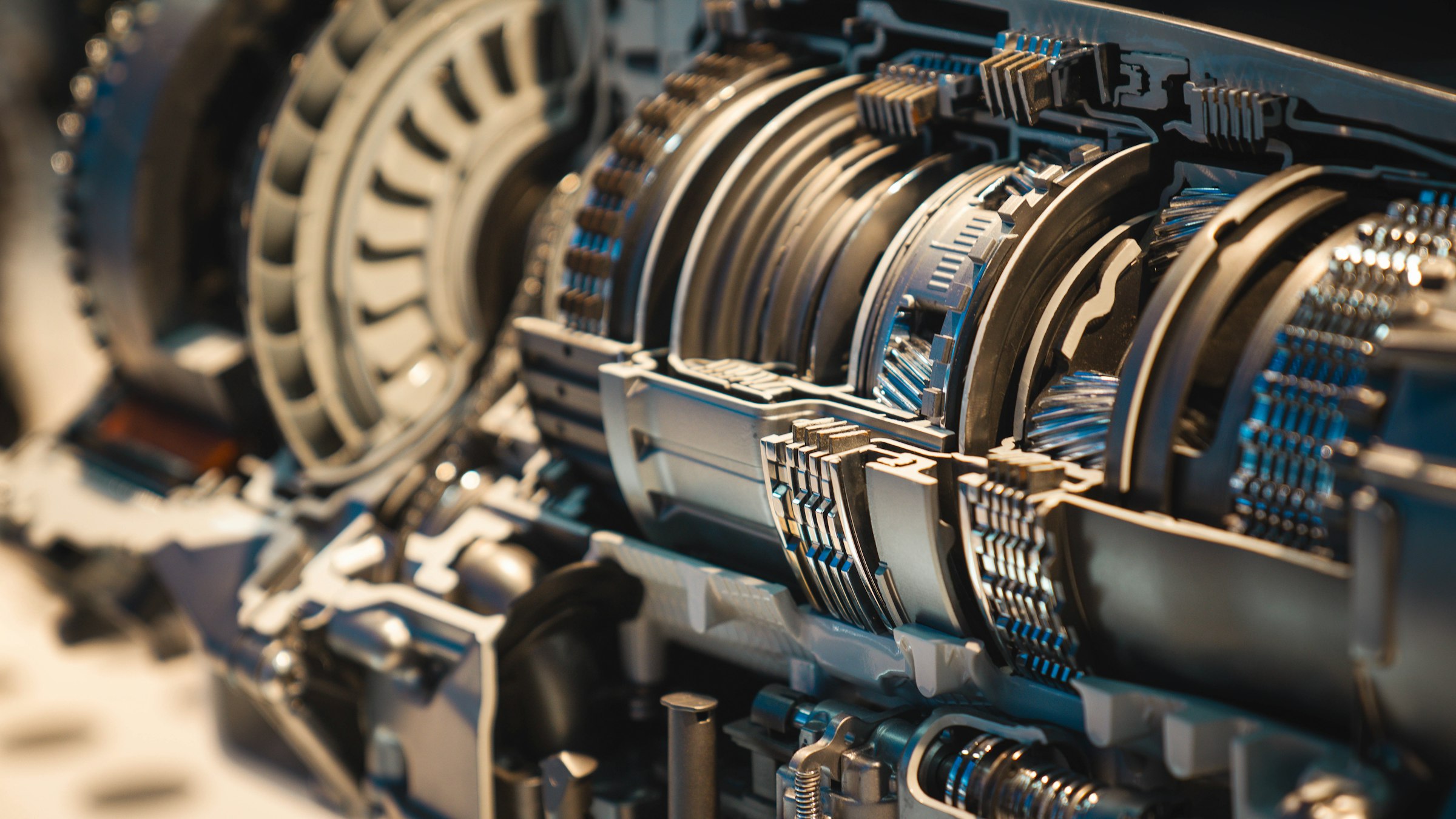 Cutaway of a vehicle transmission showing internal gears