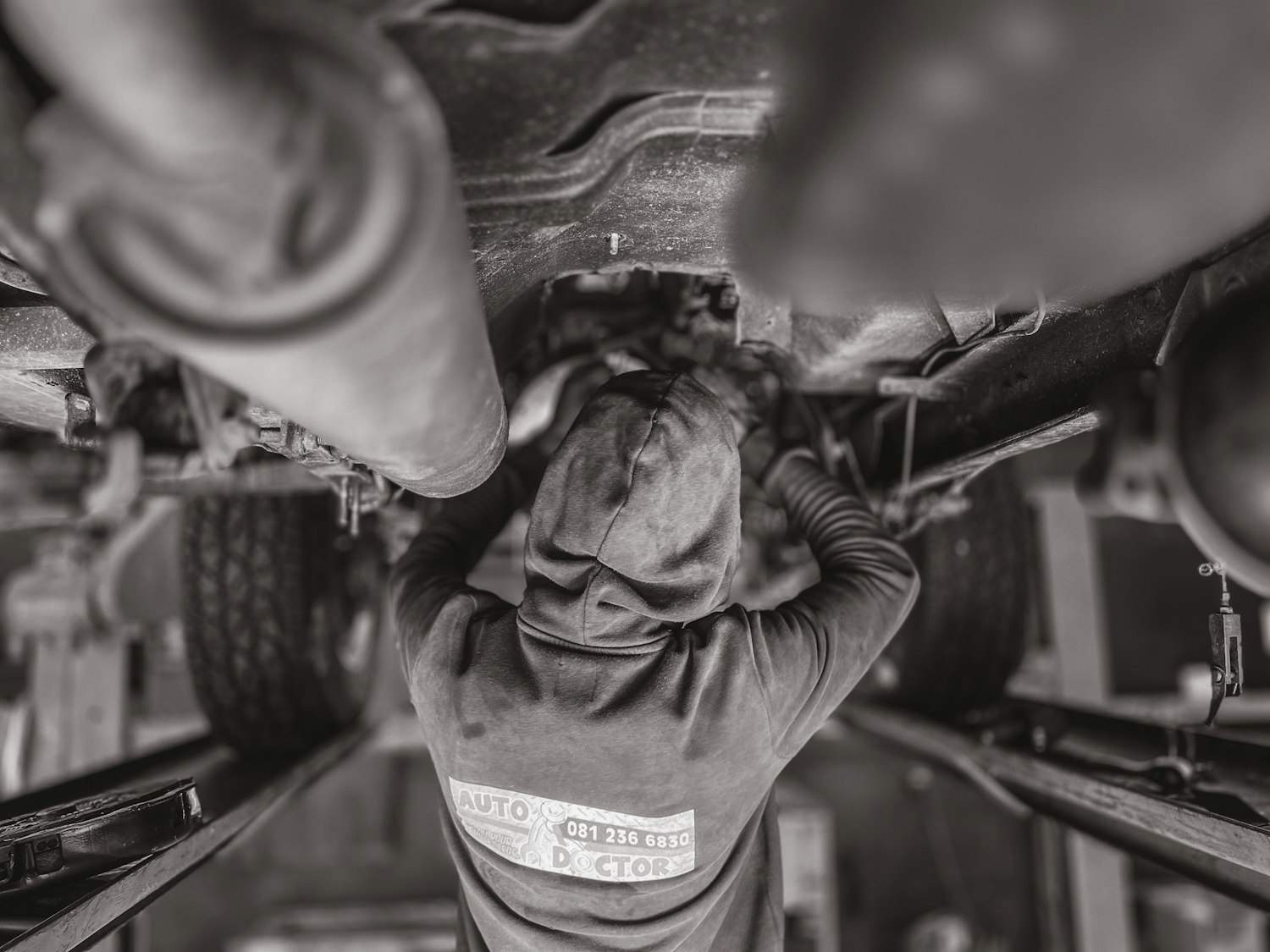 Underside of a vehicle showing the driveline